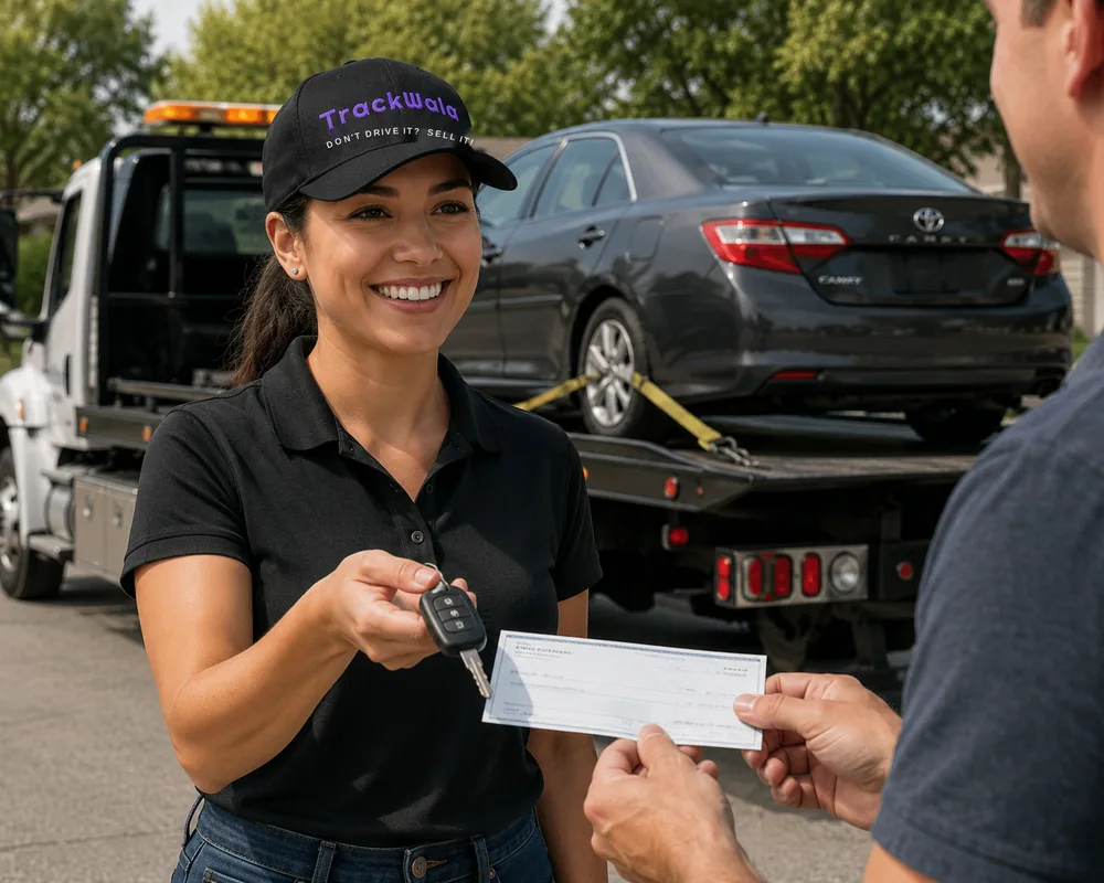 A TrackWala representative hands over payment while a seller hands over the keys, with the vehicle loaded on the flatbed.