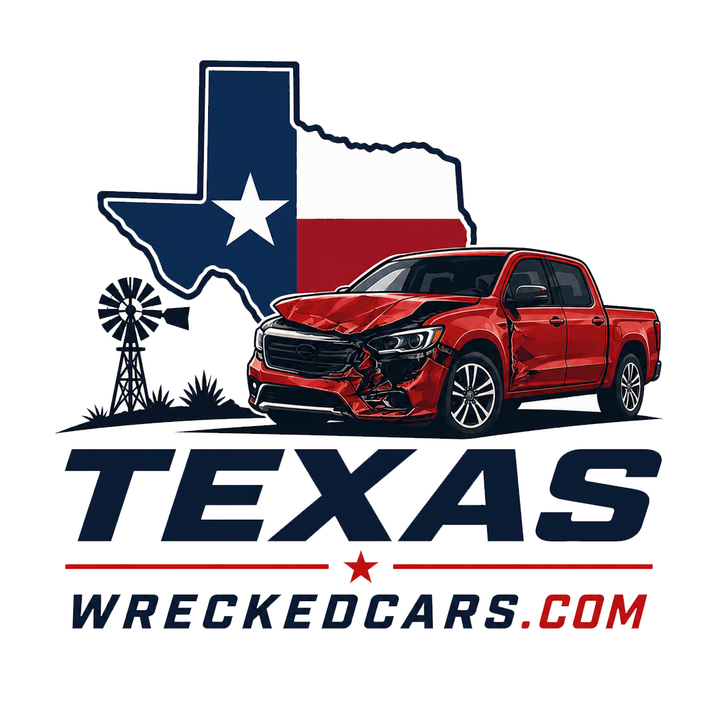 Texas Wrecked Cars logo — Texas flag state outline with wrecked red pickup truck, TexasWreckedCars.com